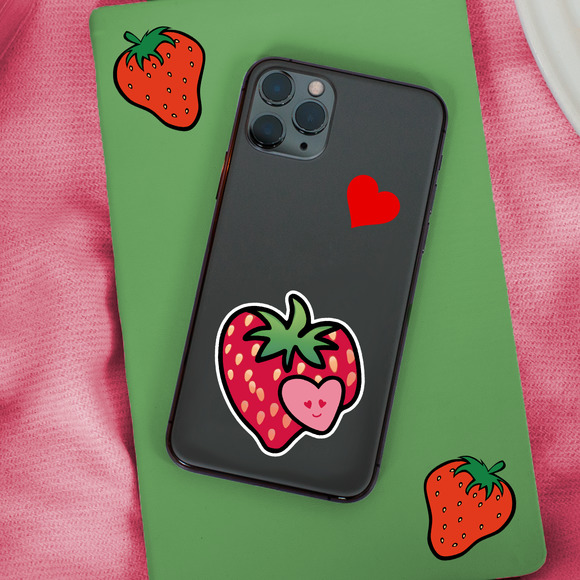 5/$15 Strawberry Heart Red Vinyl Glossy Sticker Handmade - Picture 2 of 8